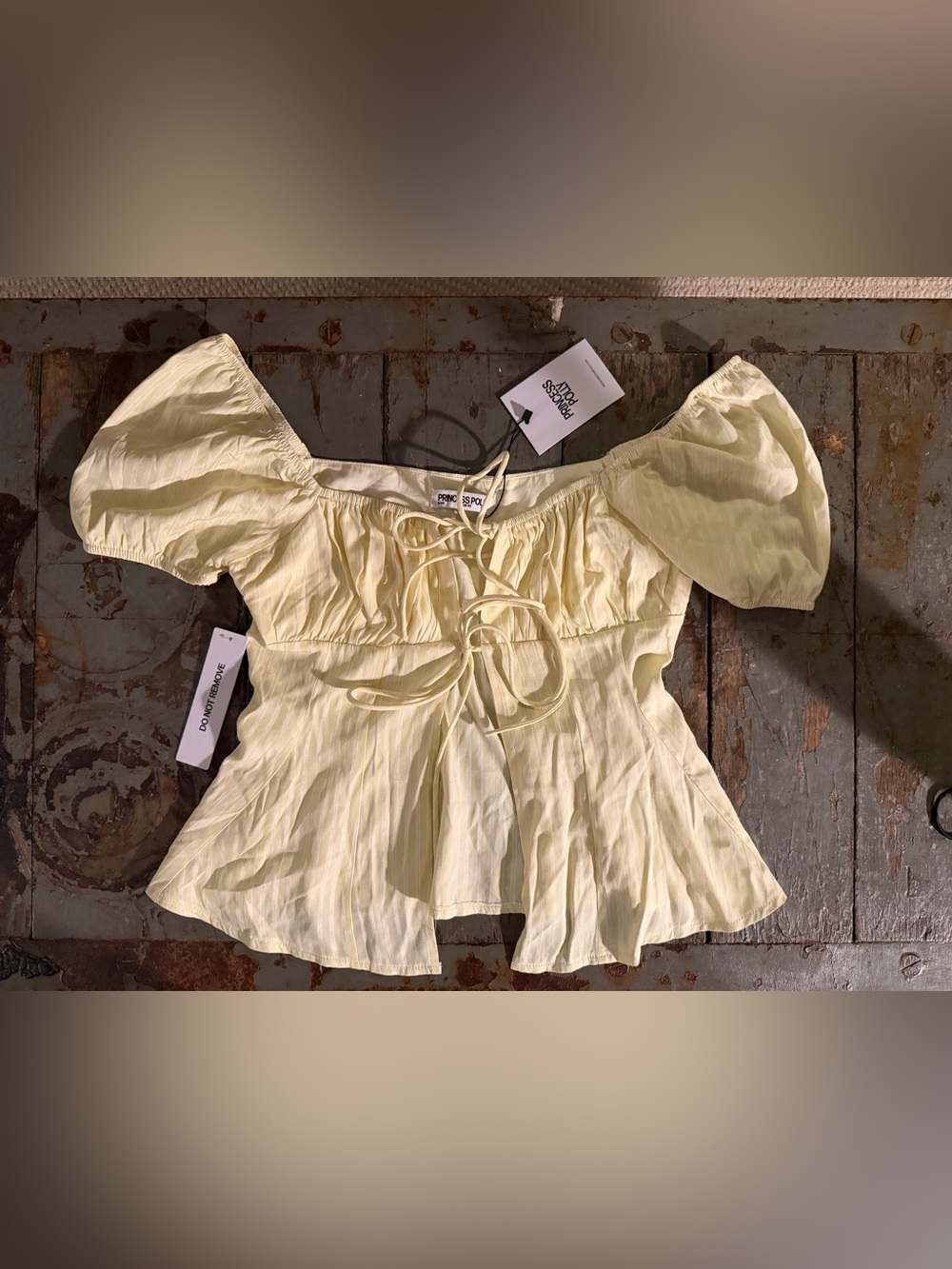 NWT Princess Polly Light Yellow Off-Shoulder Tie-Front Prairie Blouse